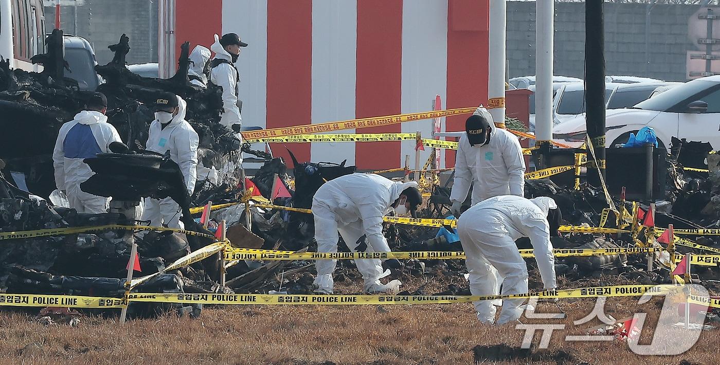 2일 전남 무안국제공항 제주항공 여객기 참사 현장에서 경찰 과학수사 대원들이 현장 감식을 하고 있다. 2025.1.2/뉴스1 ⓒ News1 김진환 기자