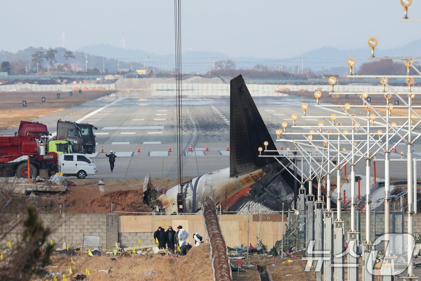 제주항공 여객기 참사 엿새째인 3일 오후 전남 무안국제공항 참사 현장에서 사고 기체의 꼬리 부분 인양 준비가 이뤄지고 있다. 2025.1.3/뉴스1 ⓒ News1 오대일 기자