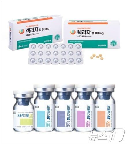 지난해 미국 식품의약국&#40;FDA&#41; 허가를 받은 유한양행 폐암 신약 &#39;렉라자&#39;&#40;위&#41;와 휴젤 보툴리눔 톡신 &#39;보툴렉스&#39;&#40;수출명 레티보&#41;.&#40;유한양행, 휴젤 제공&#41;/뉴스1