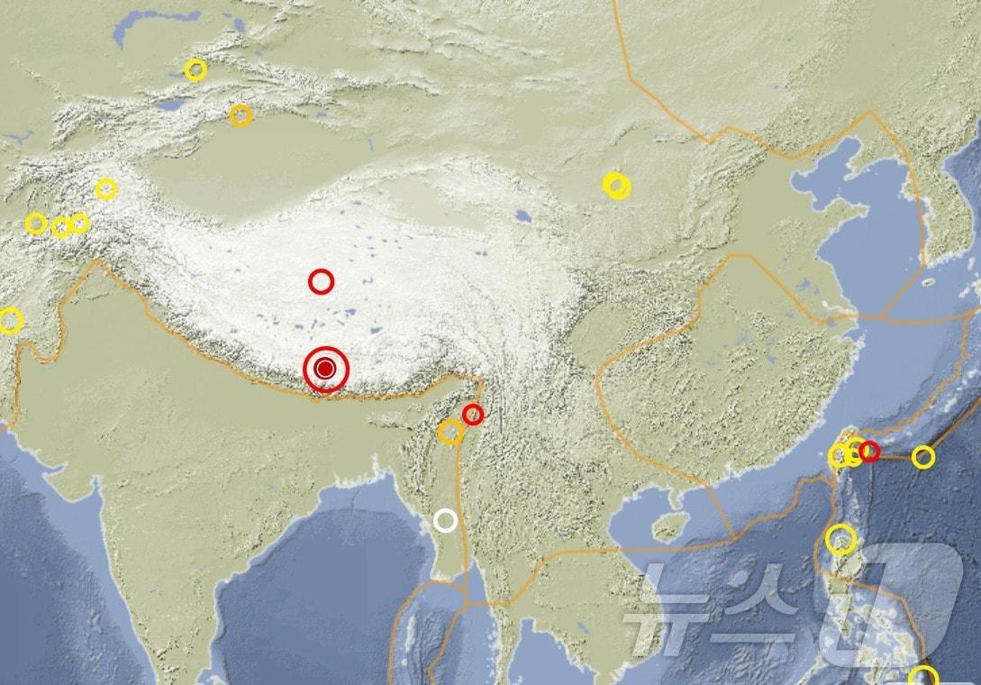 독일지구과학연구센터&#40;GFZ&#41;가 7일&#40;현지시간&#41; 중국 티베트&#40;시짱·西藏&#41; 지역에서 규모 6.9의 지진이 발생했다고 밝혔다.&#40;GFZ 갈무리&#41;.