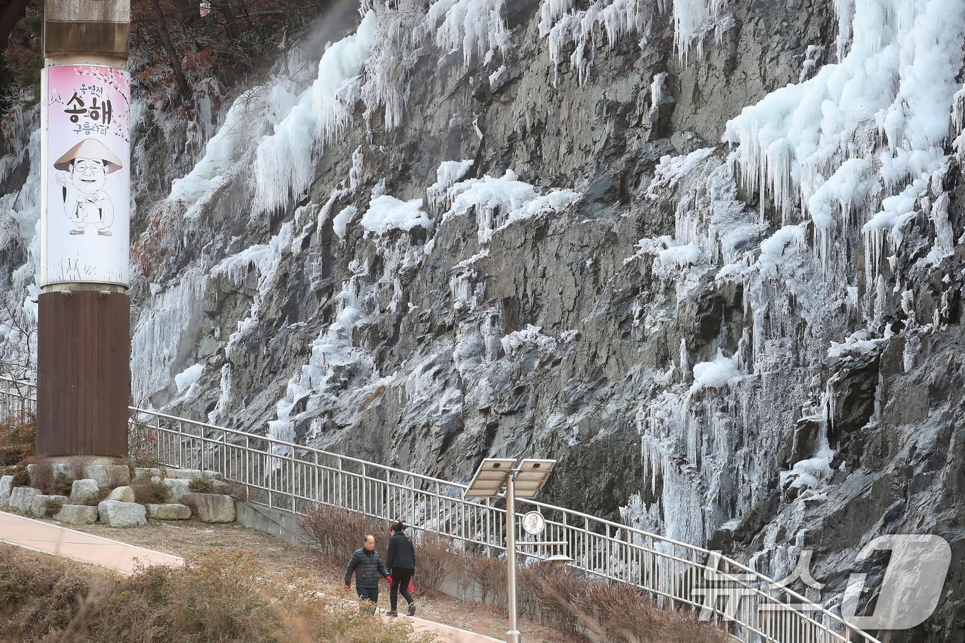 한파가 닥친 지난 8일 오후 대구 달성군 옥연지 송해공원 산책로 옆에 꽁꽁 얼어붙은 인공 빙벽이 장관을 이루고 있다. 2025.1.8/뉴스1 ⓒ News1 공정식 기자