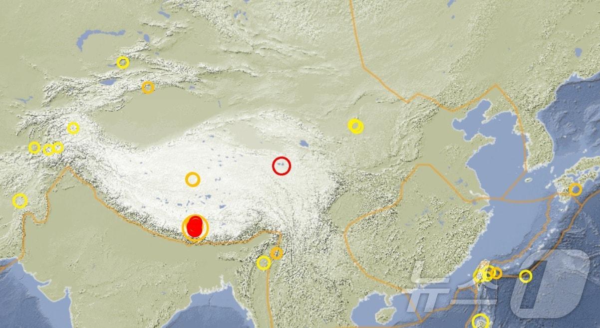 독일지구과학연구센터&#40;GFZ&#41;가 7일&#40;현지시간&#41; 중국 중서부 칭하이성에서 규모 5.7의 지진이 발생했다고 밝혔다.&#40;GFZ 갈무리&#41;.