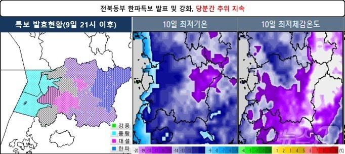 전주기상지청은 9일 오후 9시를 기해 전북 무주와 진안, 장수에 내려졌던 한파주의보를 한파경보로 격상하고, 임실과 순창, 남원에 한파주의보를 발령한다고 밝혔다.&#40;전주기상지청 제공&#41; 2025.1.9/뉴스1