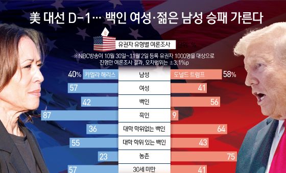 [오늘의 그래픽] 美 대선 D-1… 백인 여성·젊은 남성 승패 가른다