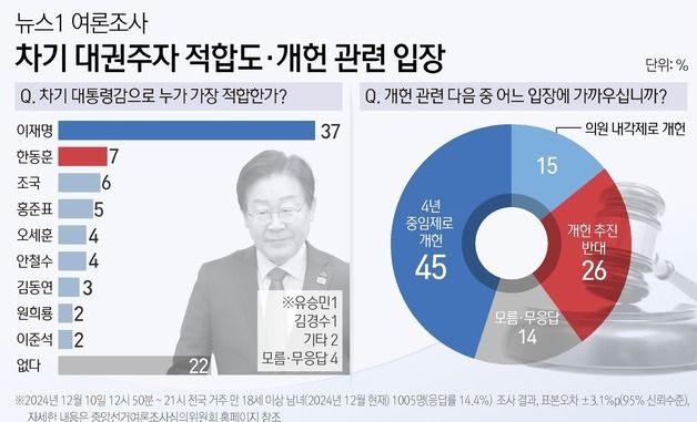 [그래픽] 뉴스1 여론조사-차기 대권주자 적합도·개헌 관련 입장