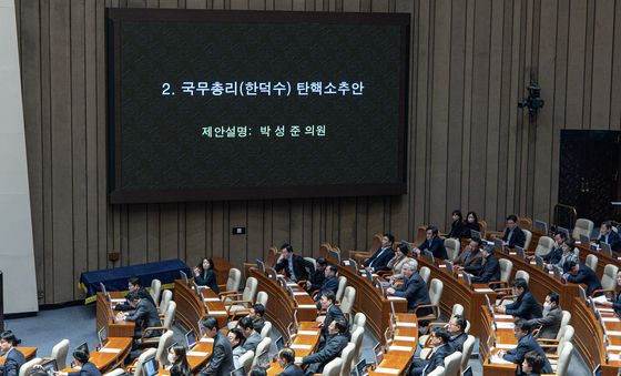 국무총리 탄핵소추안 제안설명 듣는 국민의힘